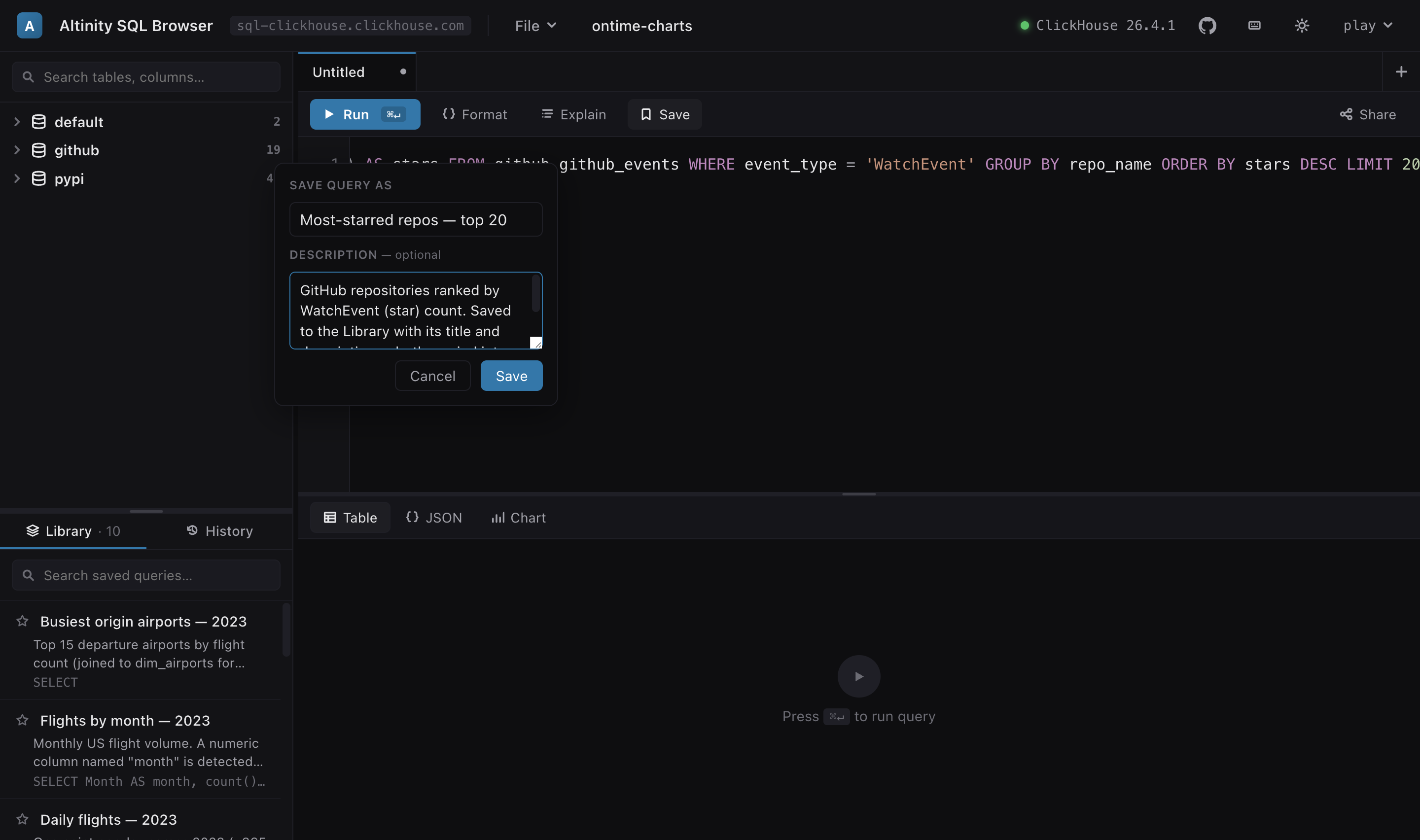 The Save Query dialog with name and description fields.
