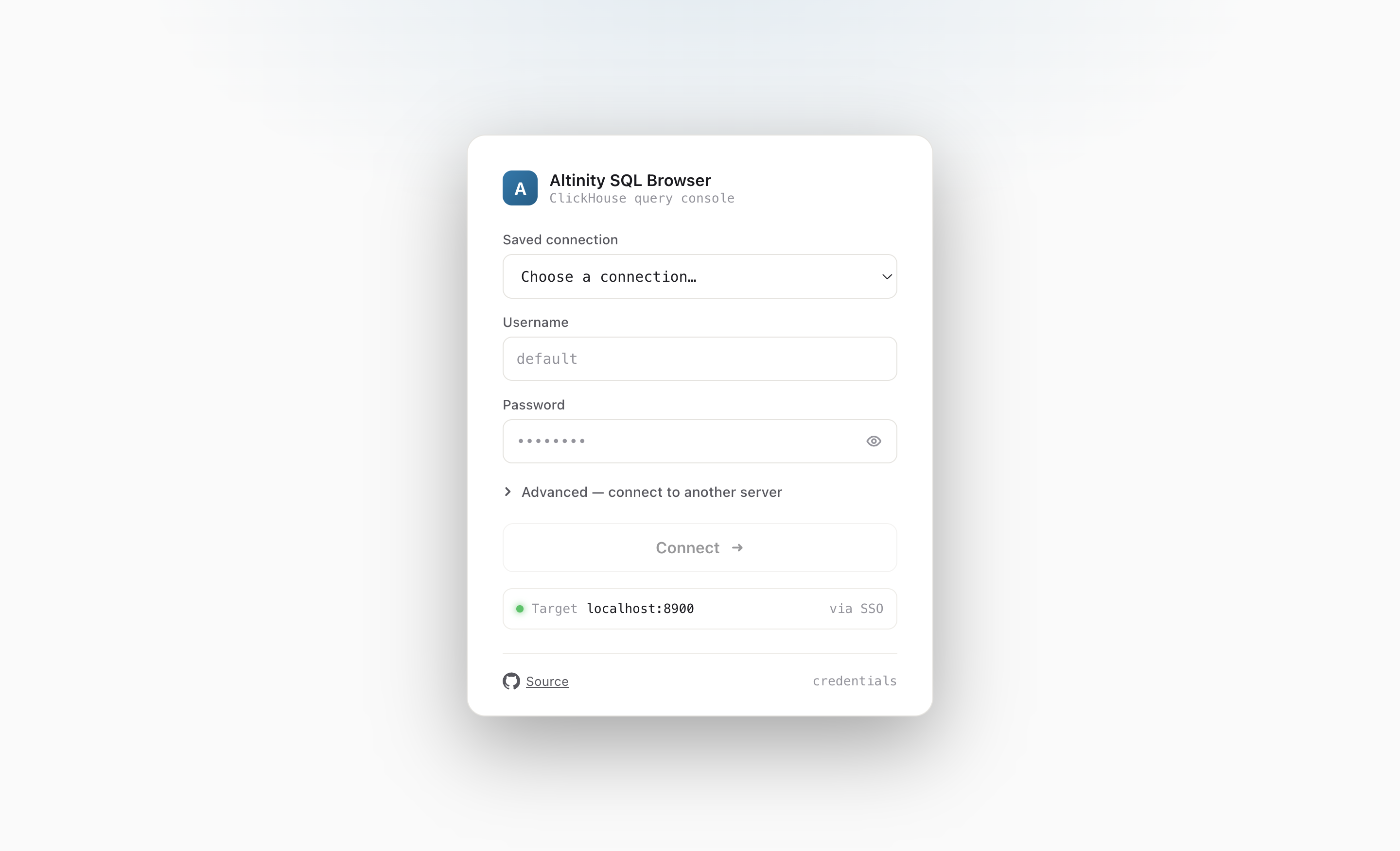 Local app login screen with a saved-connection picker.