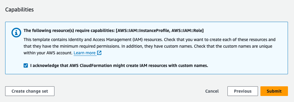 Granting permissions on the AWS CloudFormation Review panel