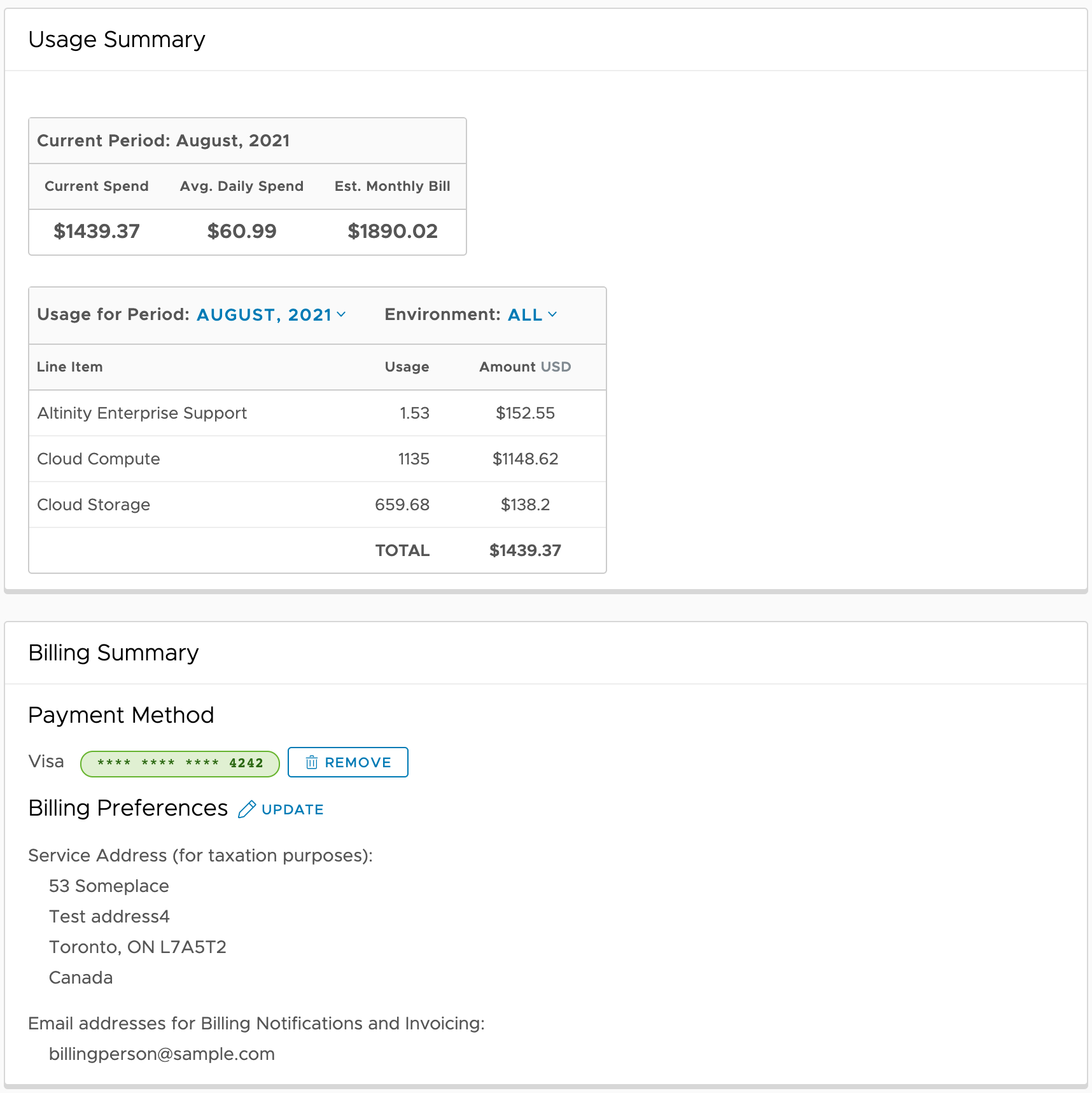 Billing page