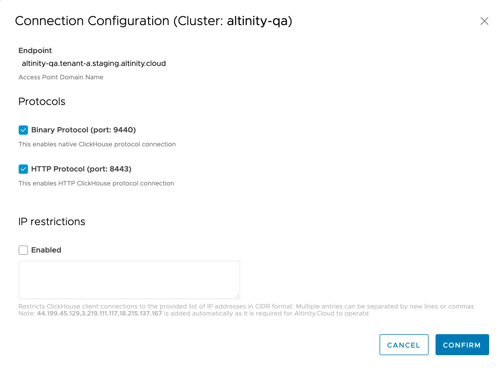 Cluster Connection Configuration Settings