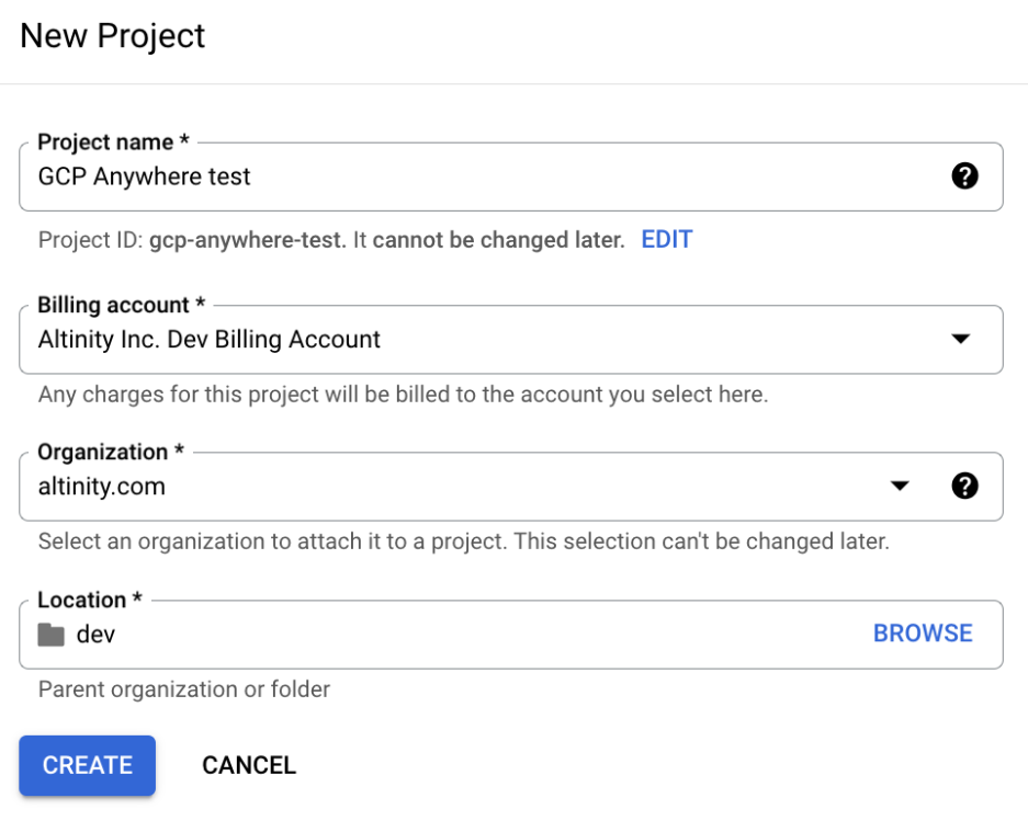 The GCP New Project dialog