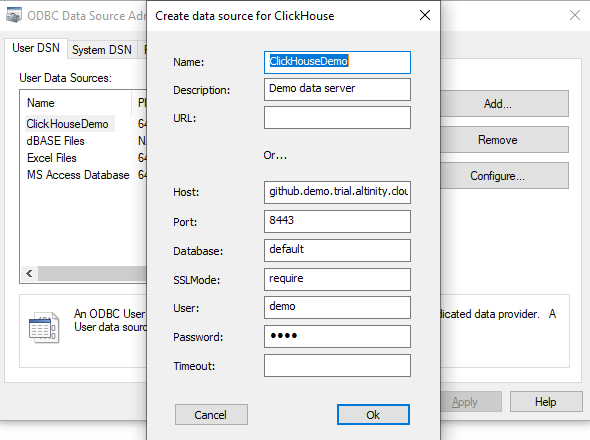 ODBC ClickHouse Connection Settings